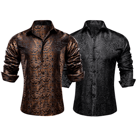 Barry.Wang 2pcs Mens Shirts Brown Black Paisley Shirt Silk Shirt