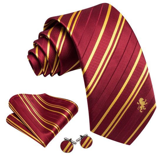 Barry. Wang Mens Burgundy Gold Striped Repp Tie Pocket Square Cufflinks Set