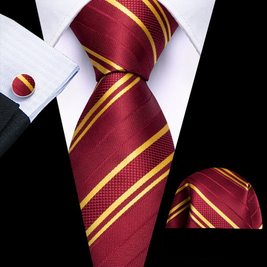 Barry. Wang Mens Burgundy Gold Striped Repp Tie Pocket Square Cufflinks Set