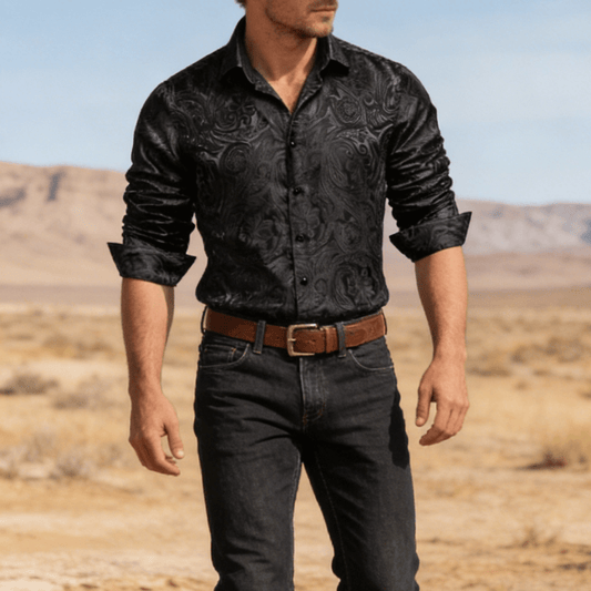 Barry. Wang Mens Western Shirt Casual Black Paisley Jacquard Long Sleeve Button Down Shirt