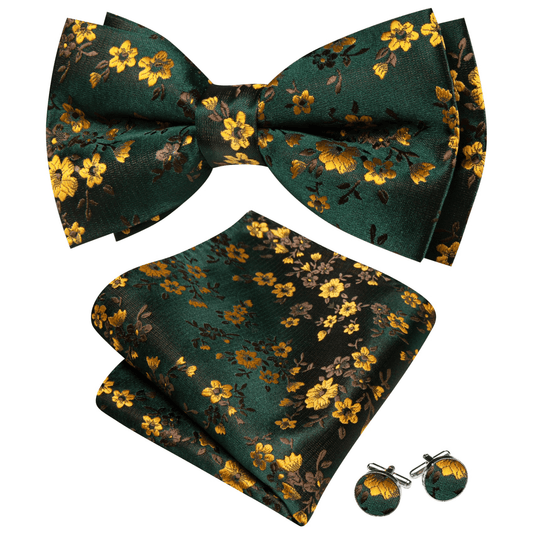 Barry. Wang Dark Green Bow Tie Pre-tied Floral Silk Jacquard Bowtie Pocket Square Cufflinks Set