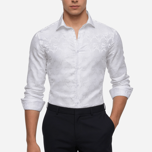 Barry. Wang Mens White Dress Shirt Paisley Silk Long Sleeve Button Down Shirt