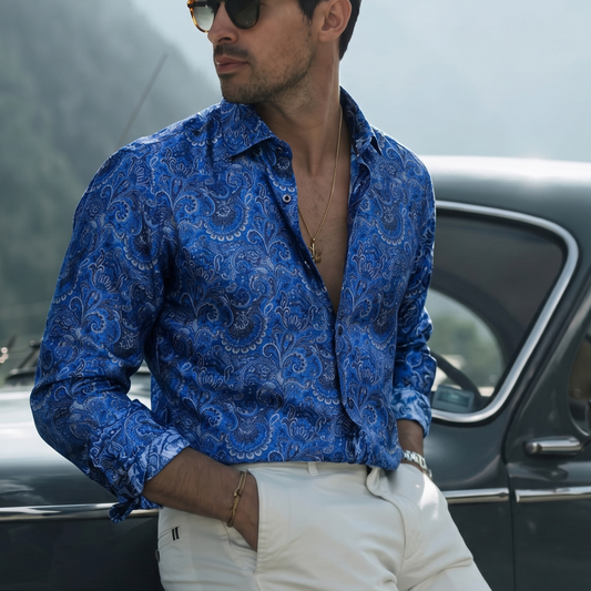 Barry. Wang Mens Blue Floral Shirt Silk Fit Slim Long Sleeve Button Down Shirt