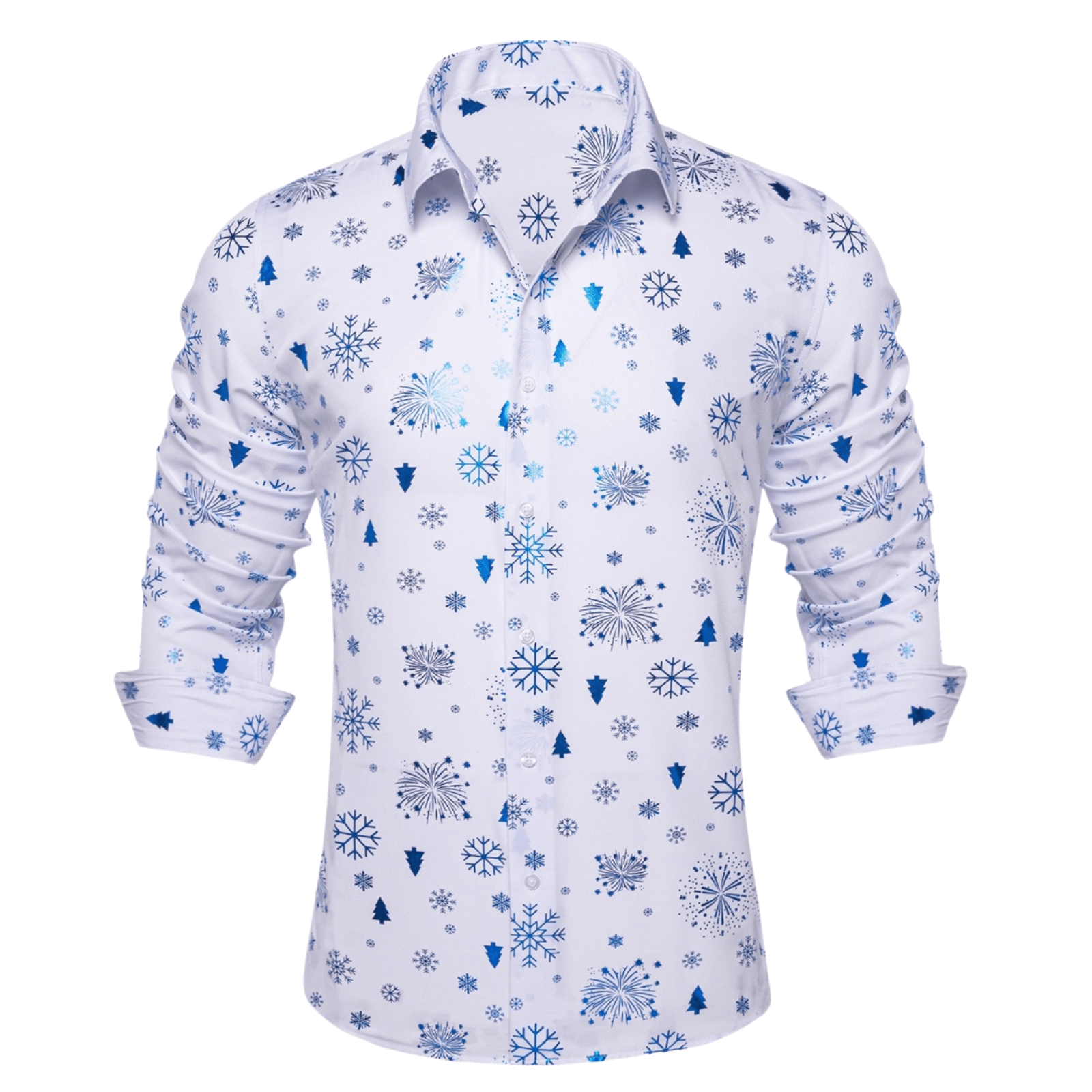 Barry. Wang Holiday White Shirt Sky Blue Snowflake Pattern Long Sleeve Shirt