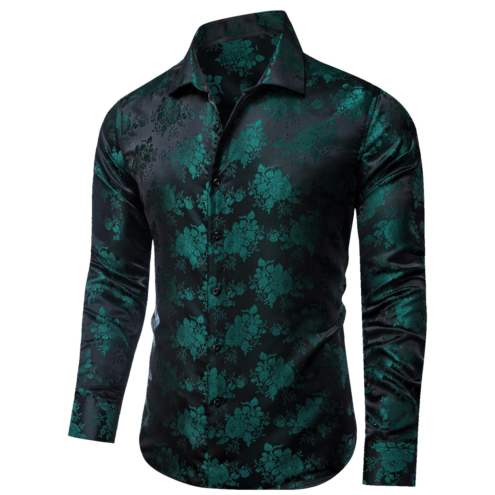 Barry. Wang Mens Silk Hunter Green Dress Shirt Floral Jacquard Long Sleeve Button Down Shirt