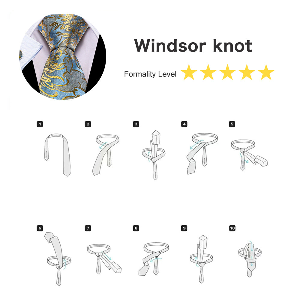 Barry. Wang Gold Blue Flower Silk Tie Hanky Cufflinks Set