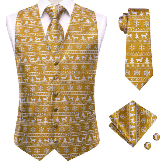Barry. Wang Mens Christmas Waistcoat Set Gold Fair Isle Reindeer Vest Tie Hanky Cufflinks Dinner