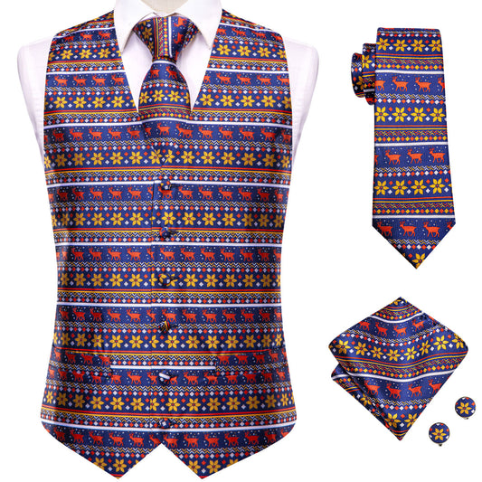 Barry. Wang Reindeer Suit Vest Set for Men Navy Blue Nordic Christmas Vest Tie Cufflinks Party