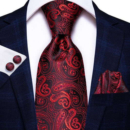 Barry. Wang Burgundy Paisley 63" Extra Long Tie Handkerchief Cufflinks Set