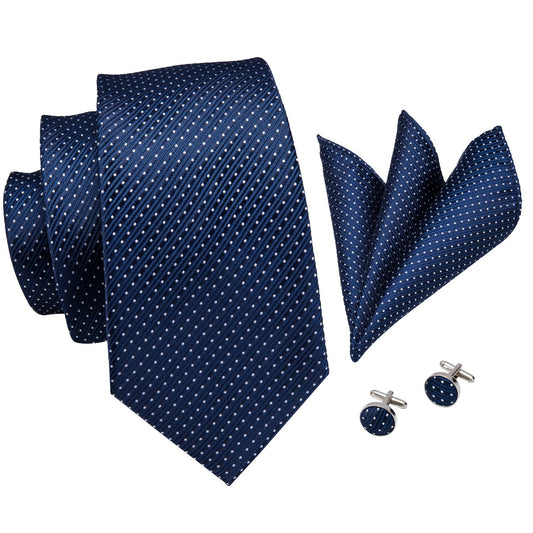 Barry. Wang Navy Blue Polka Dot Mens Necktie Pocket Square Cufflinks Set
