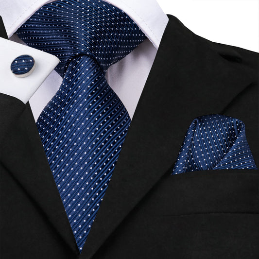 Barry. Wang Navy Blue Polka Dot Mens Necktie Pocket Square Cufflinks Set