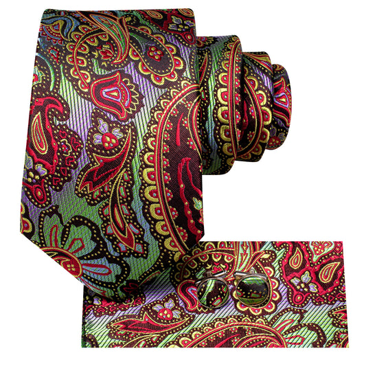 Barry. Wang Mens Silk Tie Green Brown Red Paisley Tie Pocket Square Cufflinks Set