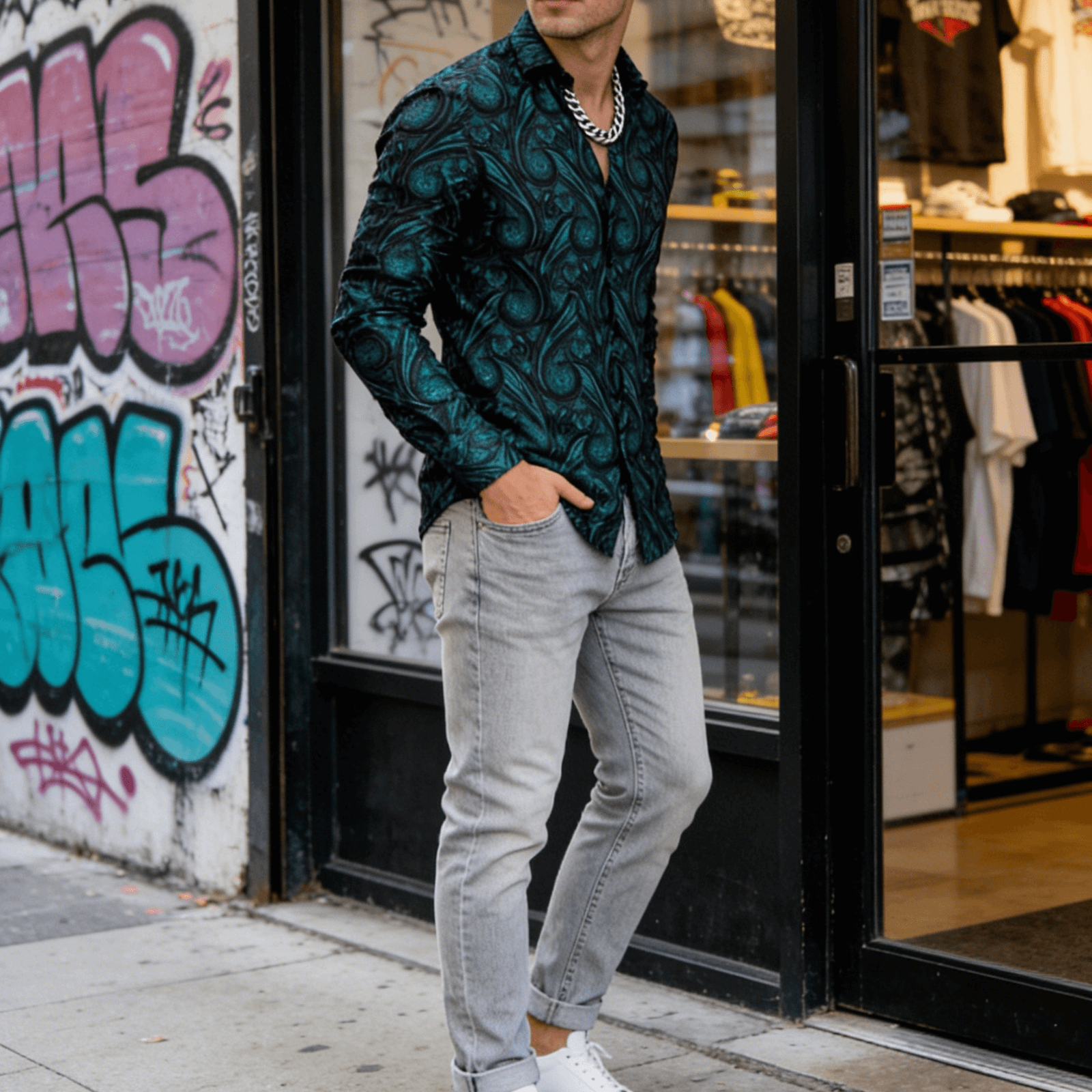 mens green print dress shirt Men's Multi-Color Faded Print Dress Shirt & Tie Set in Green, 20 36 / Green