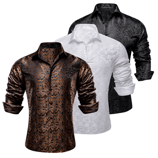 Barry.Wang 3pcs Mens Dress Shirts Black Brown White Paisley Shirt Silk Shirt