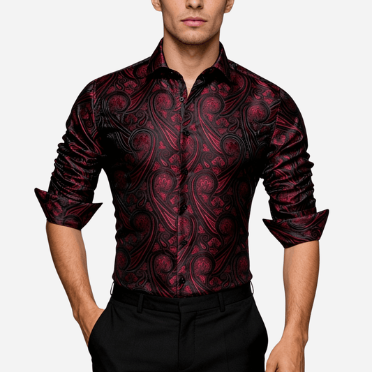 Barry. Wang Mens Western Shirt Silk Burgundy Paisley Long Sleeve Button Down Dress Shirt