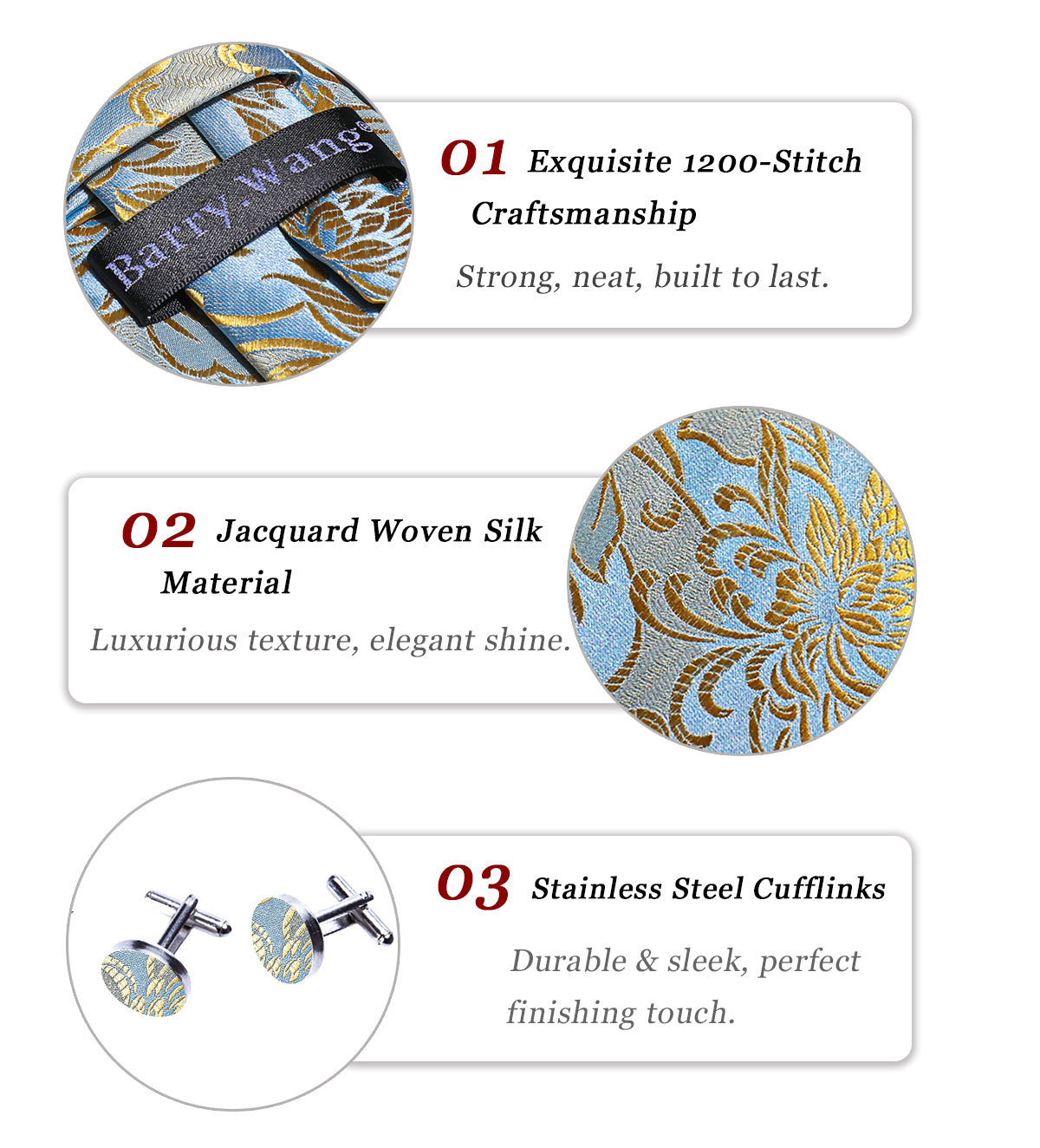 Barry. Wang Gold Blue Flower Silk Tie Hanky Cufflinks Set