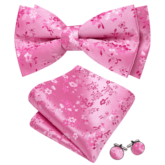 Barry. Wang Hot Pink Bowtie Hanky Cufflinks Set Floral Silk Pre-tied Wedding Bowtie for Tuxedo