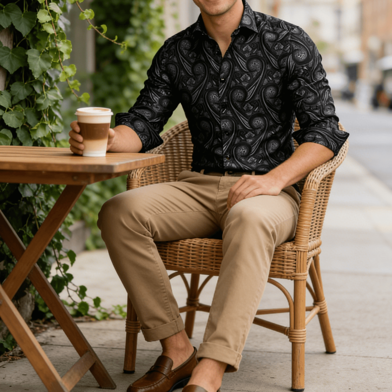 Barry. Wang Mens Western Shirt Black Grey Paisley Long Sleeve Button Down Dress Shirt