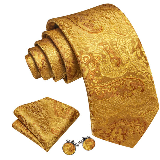 Barry. Wang Men's Floral Tie Gold Color Tie and Pocket Square Cufflinks Set