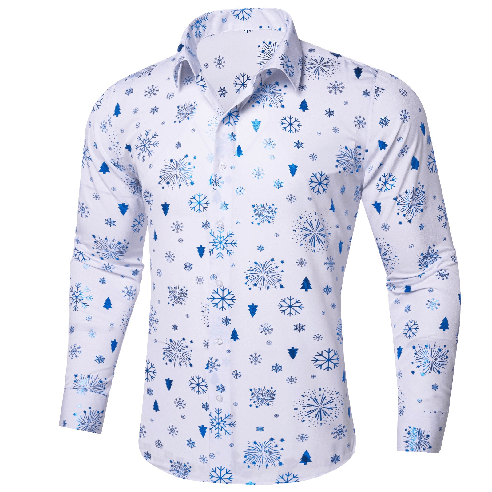 Barry. Wang Holiday White Shirt Sky Blue Snowflake Pattern Long Sleeve Shirt