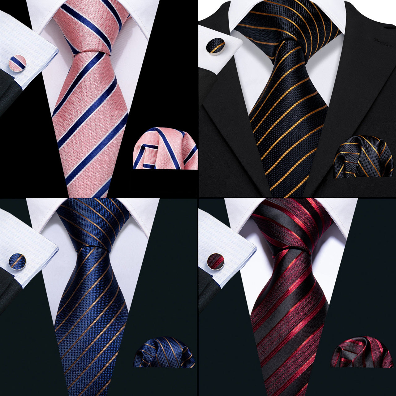 Stripe Silk Tie Pocket Square Cufflink Set 4PCS