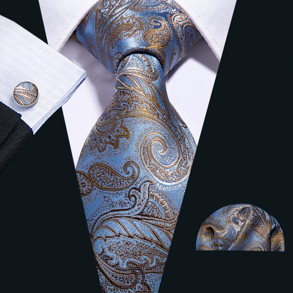 Silver Blue Golden Paisley Silk Tie Pocket Square Cufflinks Set - barry-wang