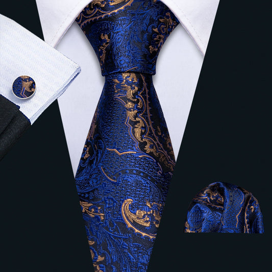 Barry. Wang Mens Paisley Tie Silk Navy Blue Necktie Hanky Cufflinks Set for Men Formal