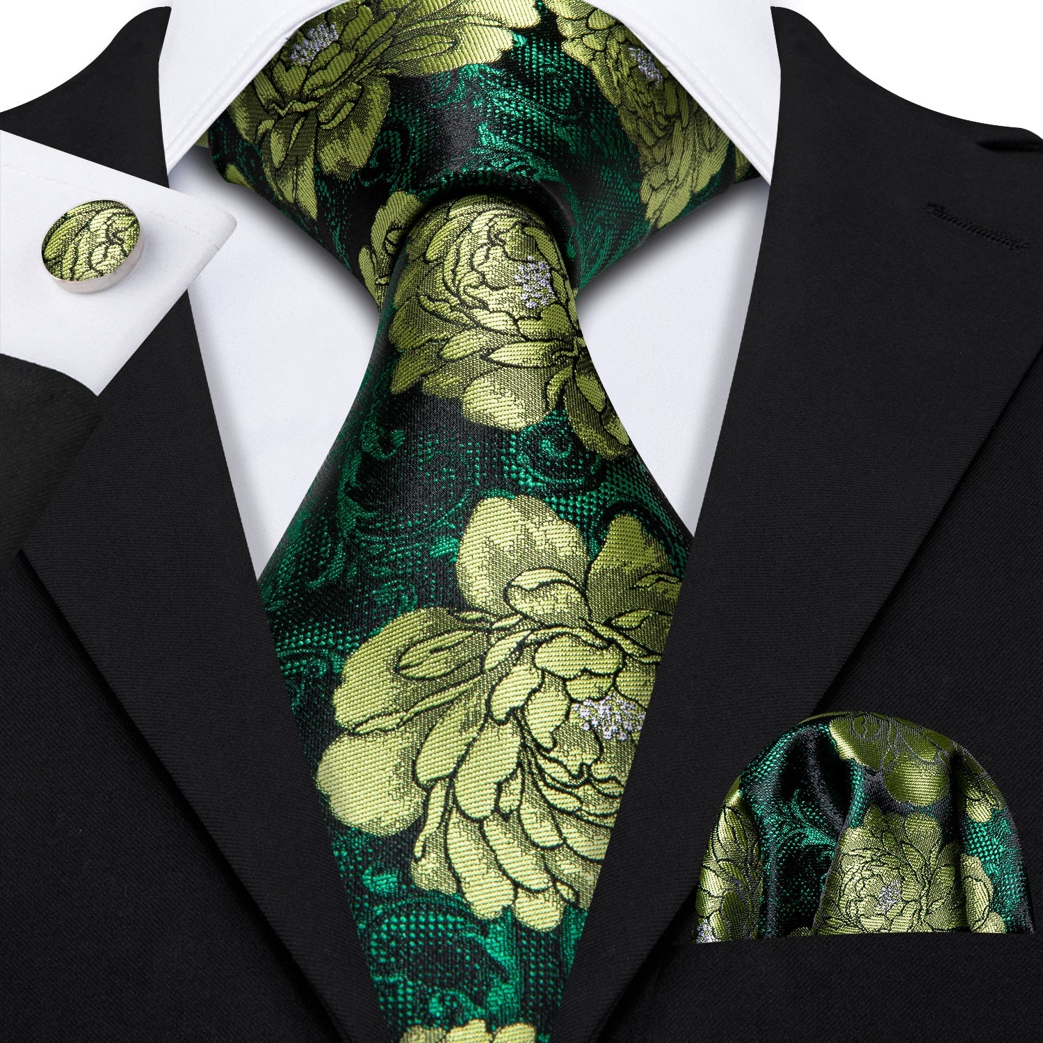 Barry Wang Green Tie Jacquard Floral Men's Silk Tie Hanky Cufflinks Set