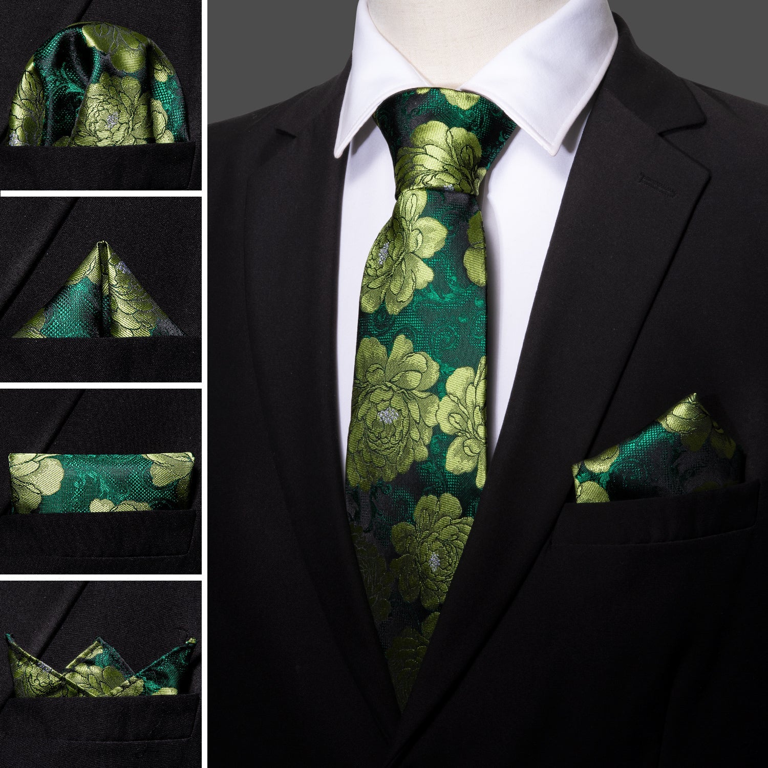 Barry Wang Green Tie Jacquard Floral Men's Silk Tie Hanky Cufflinks Set