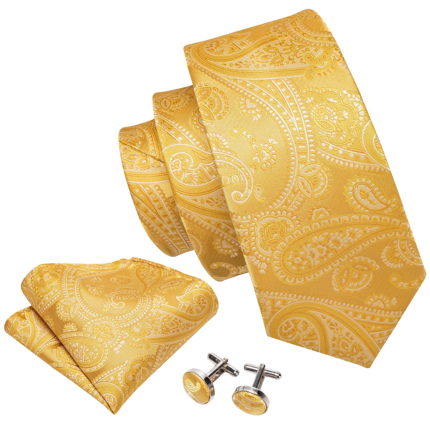 New Golden Floral Silk Men's Necktie Pocket Square Cufflinks Gift Box Set