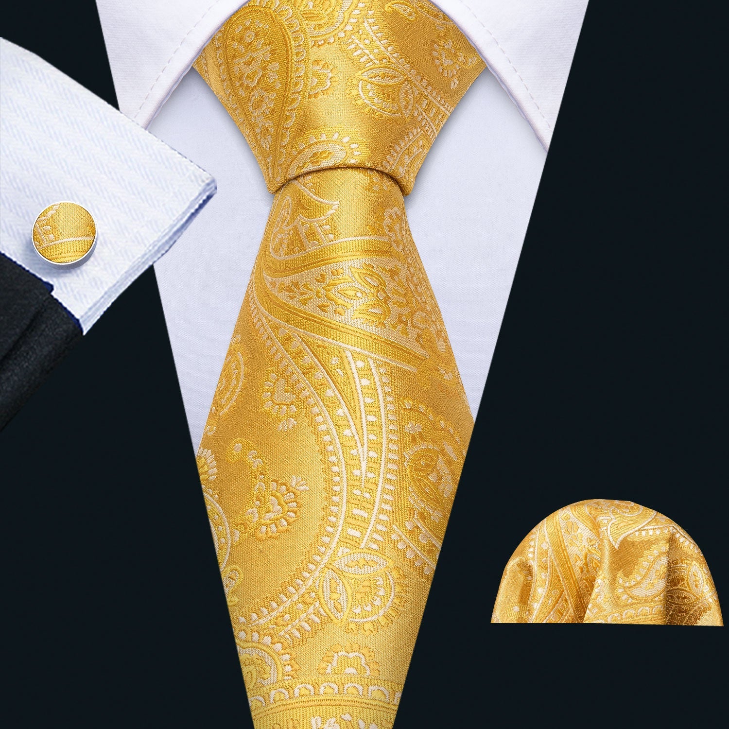 Golden Floral Silk Men's Necktie Pocket Square Cufflinks Gift Box Set
