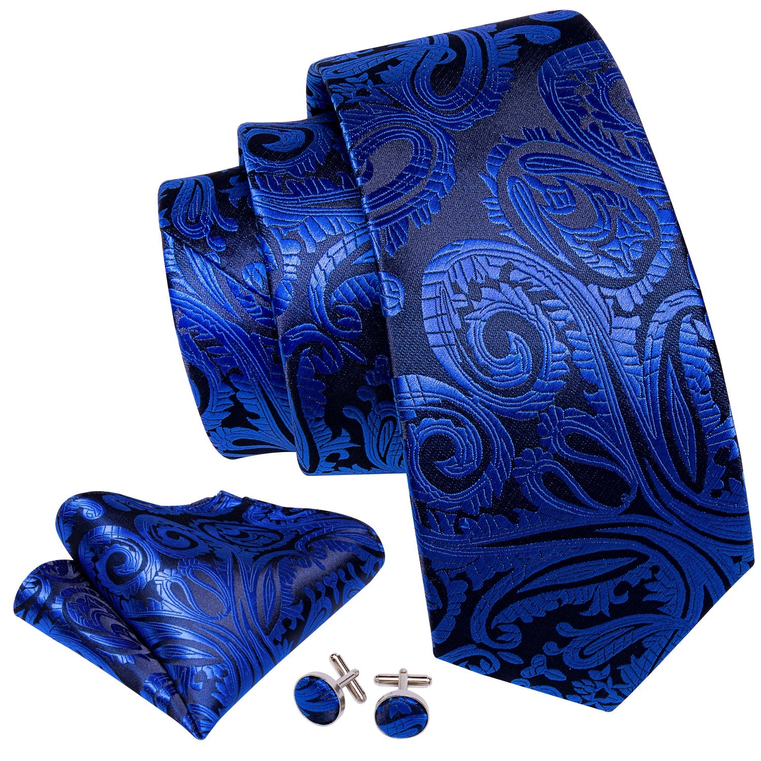 Blue Paisley Men's Necktie Pocket Square Cufflinks Gift Box Set