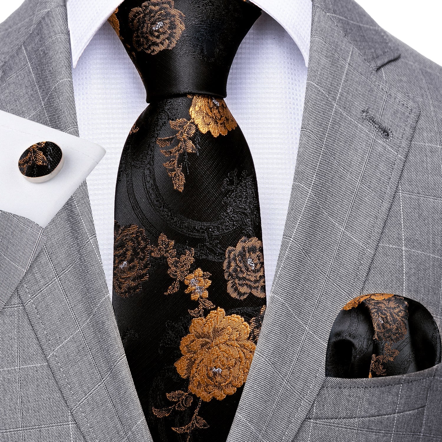 Valentine's Day Speical Offer New Black Brown Floral Silk Tie Hanky Cufflinks Set
