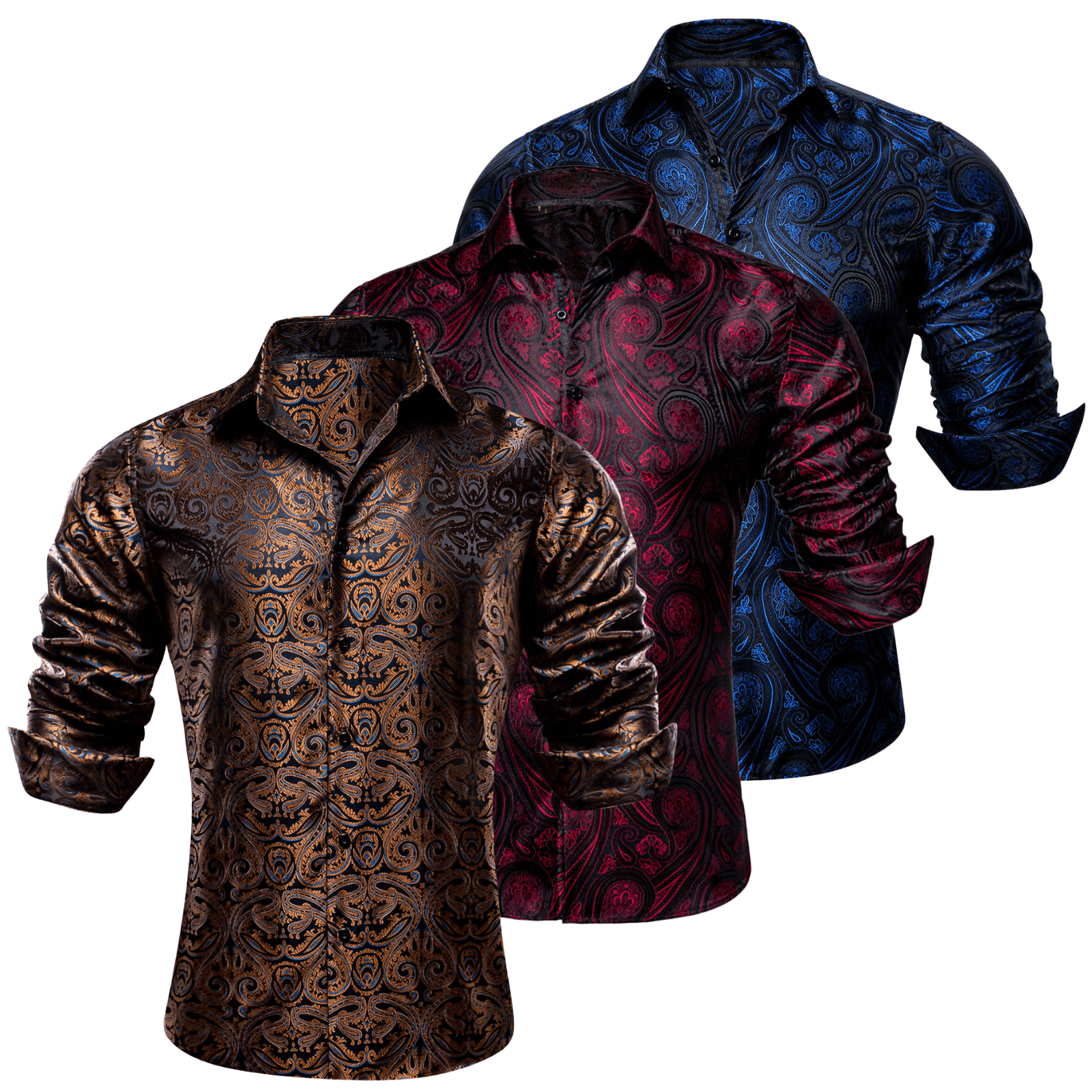 Barry.Wang 3pcs Mens Dress Shirts Brown Burgundy Blue Paisley Shirt Silk Shirt