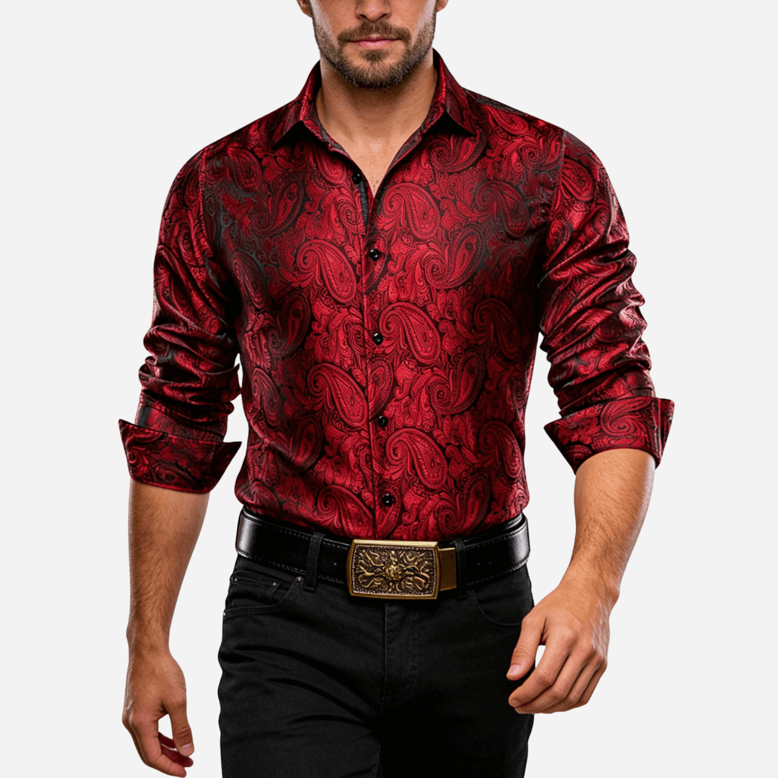 Barry. Wang Mens Burgundy Dress Shirt Paisley Silk Long Sleeve Button Down Formal Shirt
