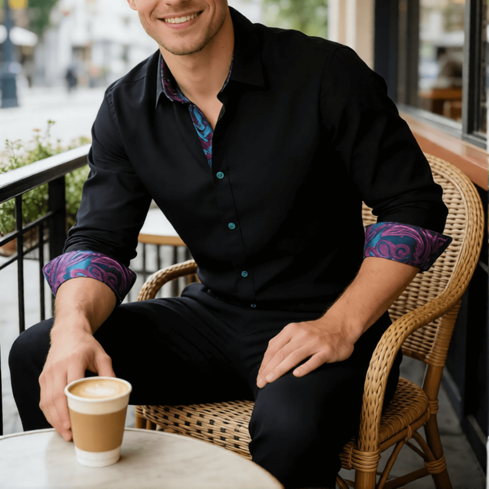 Barry. Wang Black Splicing Shirt Mens Silk Long Sleeve Button Down Business Shirt