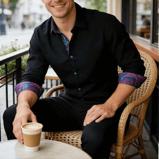 Barry. Wang Black Splicing Shirt Mens Silk Long Sleeve Button Down Business Shirt