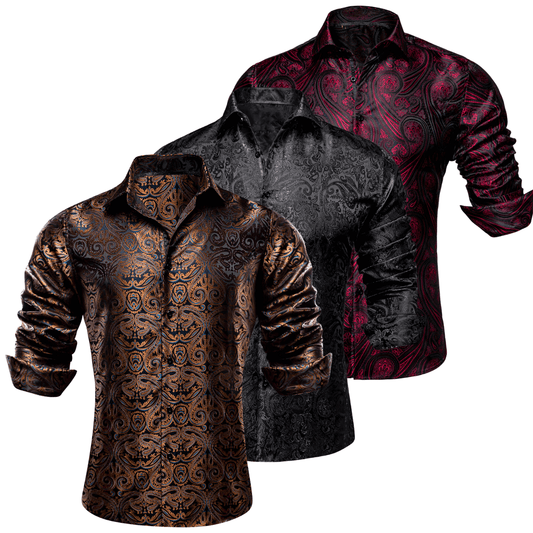 Barry.Wang 3pcs Mens Dress Shirts Brown Burgundy Black Paisley Shirt Silk Shirt