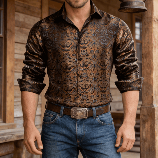 Barry. Wang Mens Paisley Dress Shirt Brown 70s Disco Long Sleeve Button Down Shirt