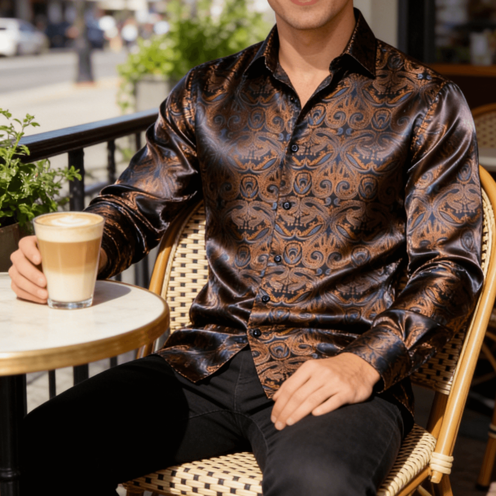 Barry. Wang Mens Paisley Dress Shirt Brown 70s Disco Long Sleeve Button Down Shirt