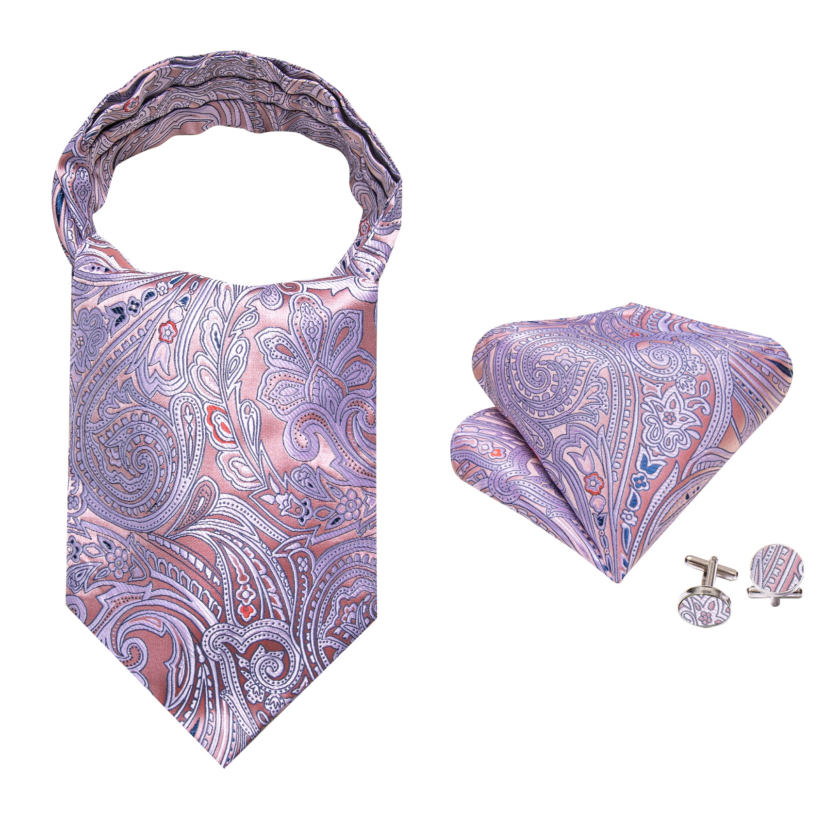 Pink Purple Paisley Ascot Handkerchief Cufflinks Set