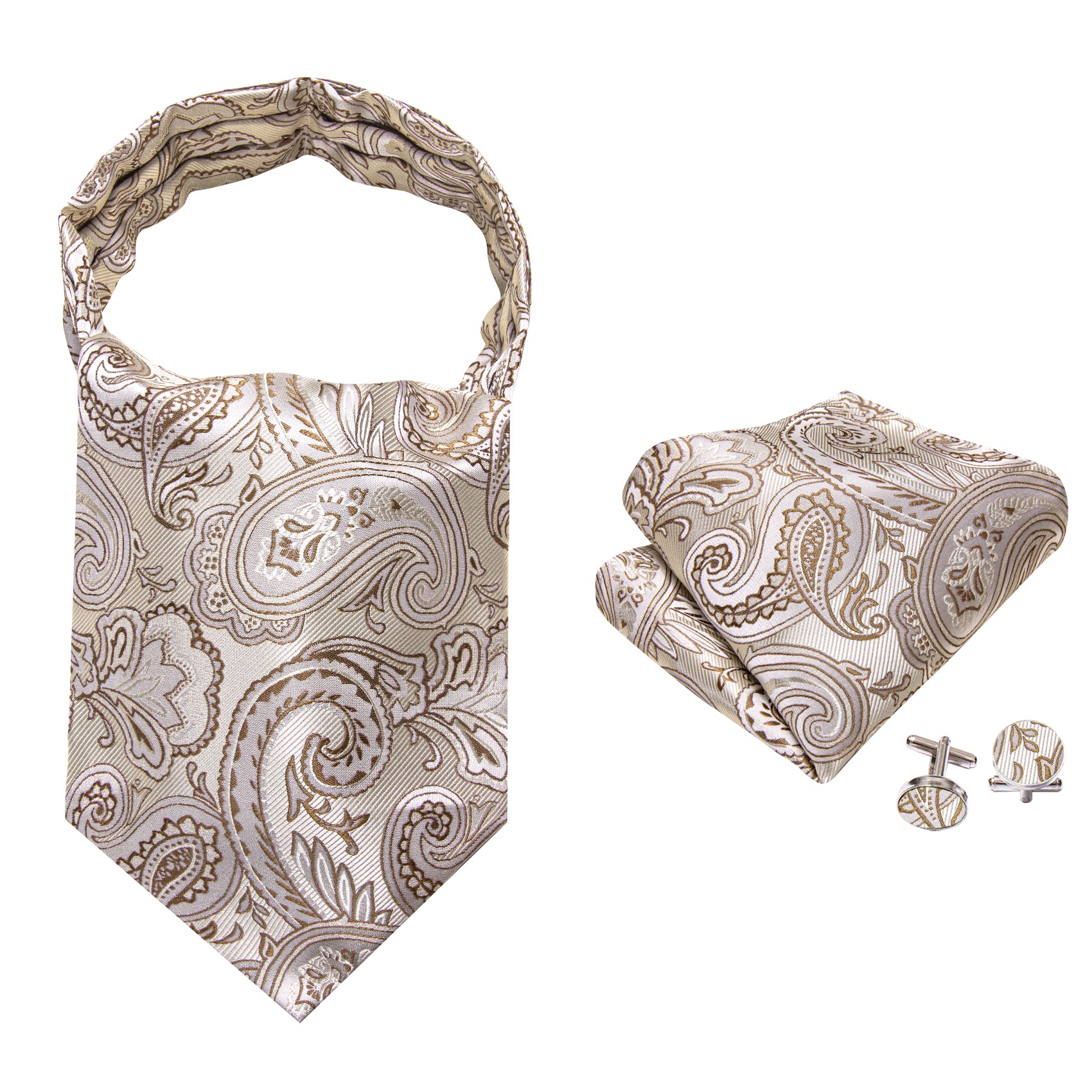 Beige Paisley Silk Ascot Handkerchief Cufflinks Set