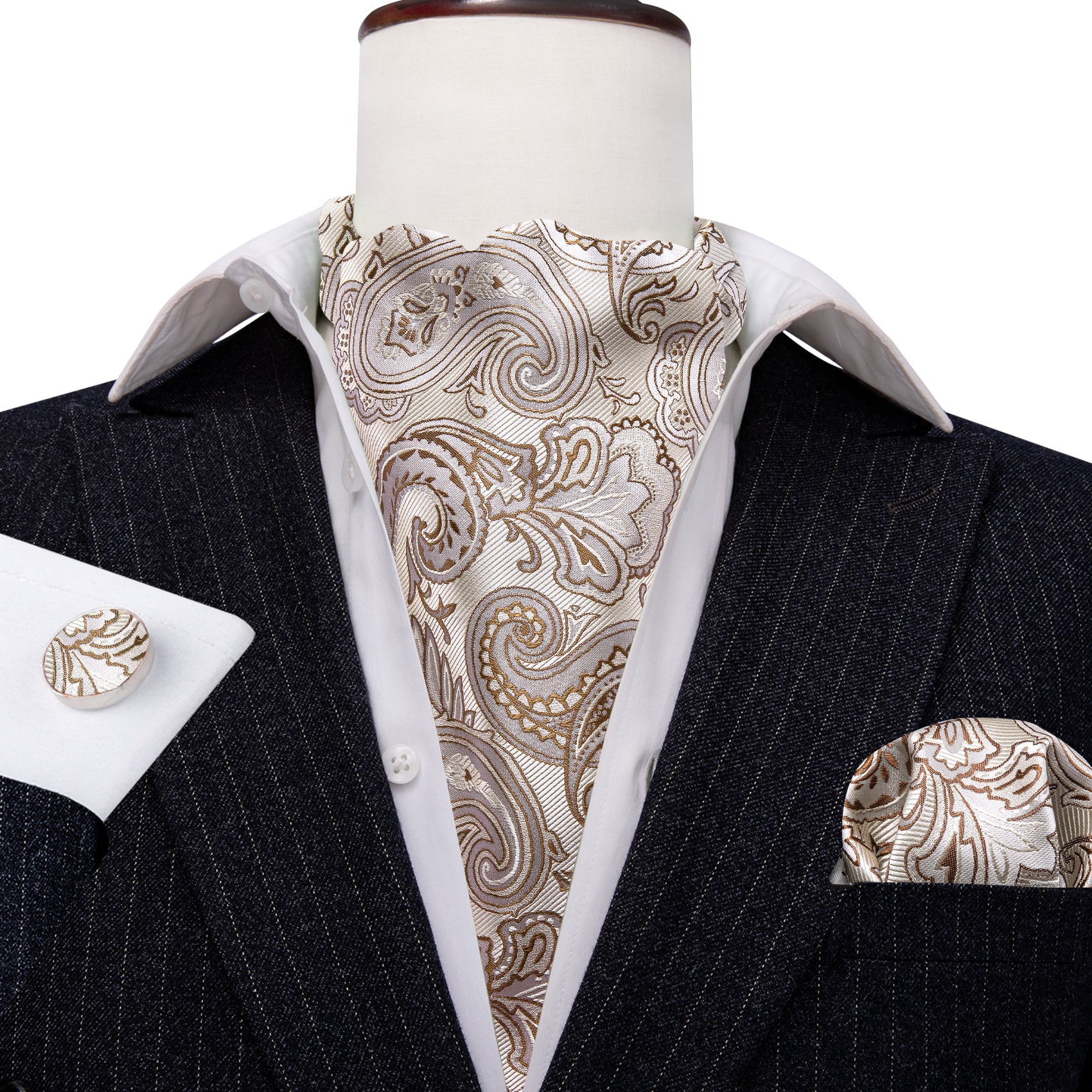 Beige Paisley Silk Ascot Handkerchief Cufflinks Set