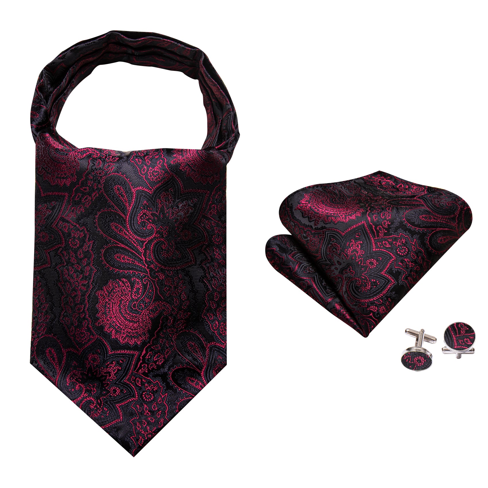 Black Maroon Paisley Silk Ascot Handkerchief Cufflinks Set