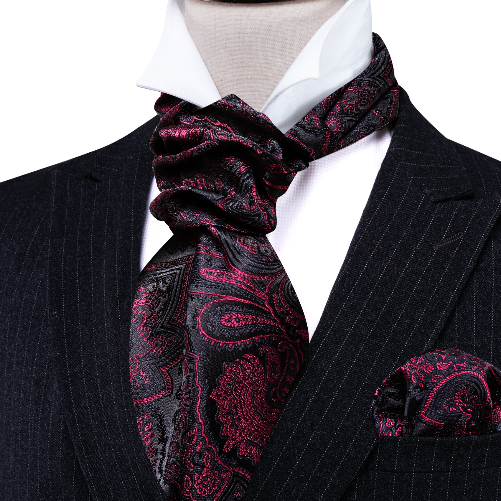 Black Maroon Paisley Silk Ascot Handkerchief Cufflinks Set