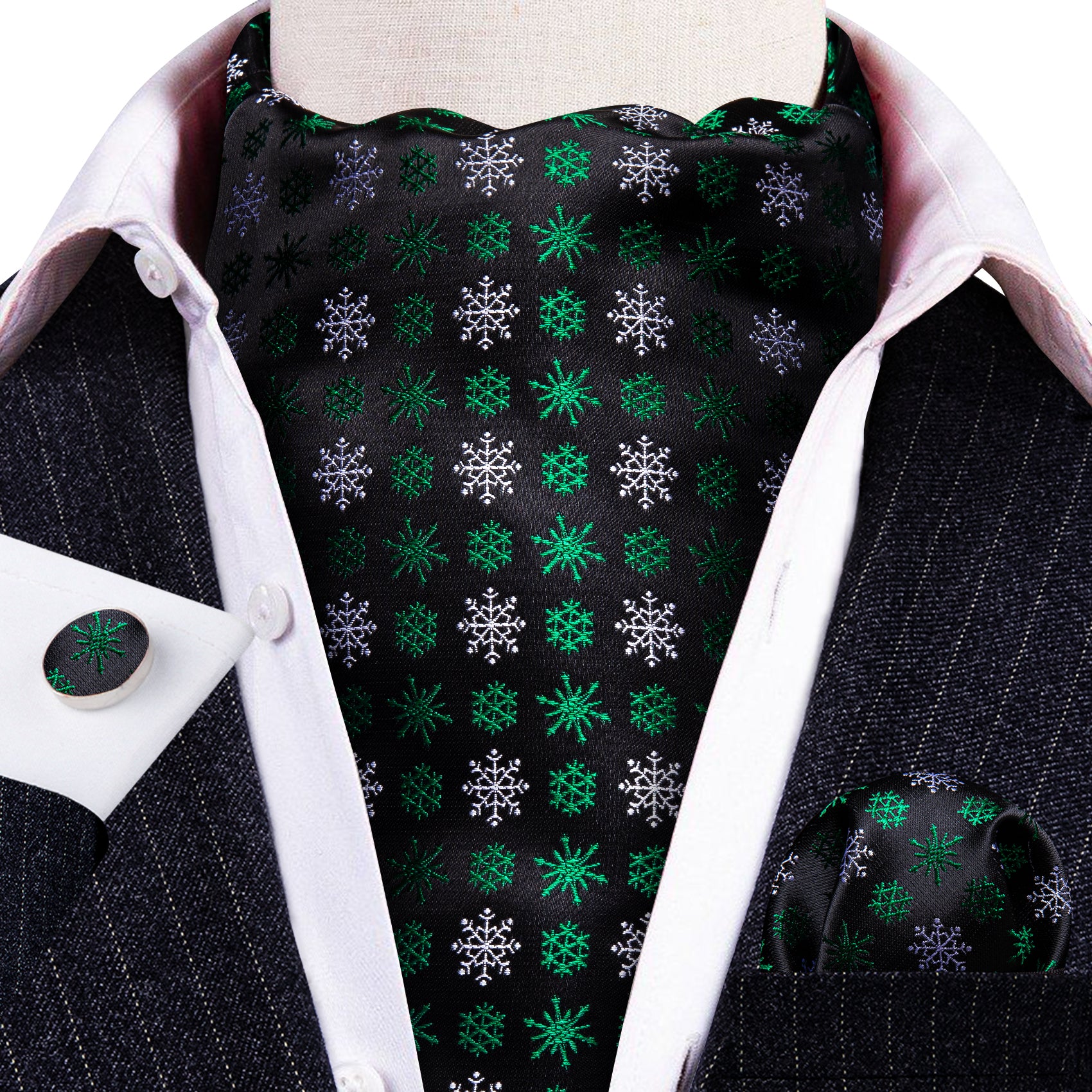 Christmas Black Green Snowflake Silk Ascot Handkerchief Cufflinks