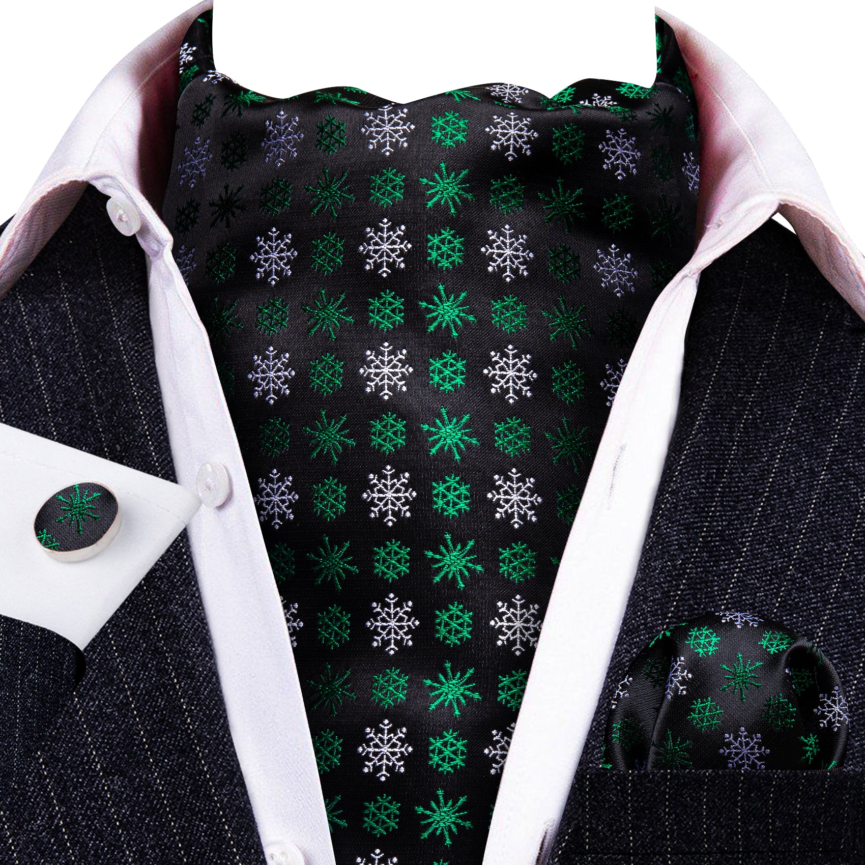 Christmas Black Green Snowflake Silk Ascot Handkerchief Cufflinks