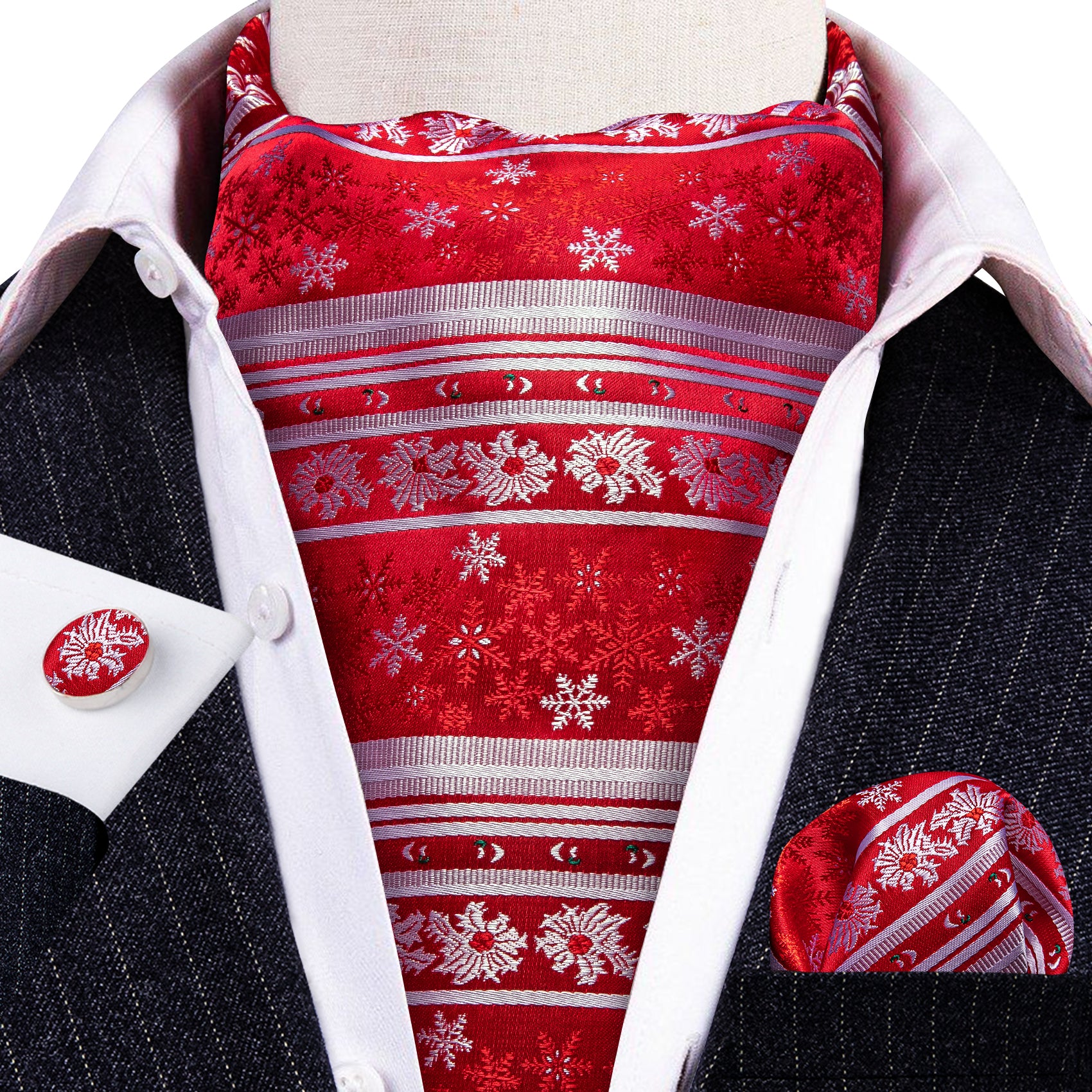 Christmas Red Silver Snowflake Silk Ascot Handkerchief Cufflinks