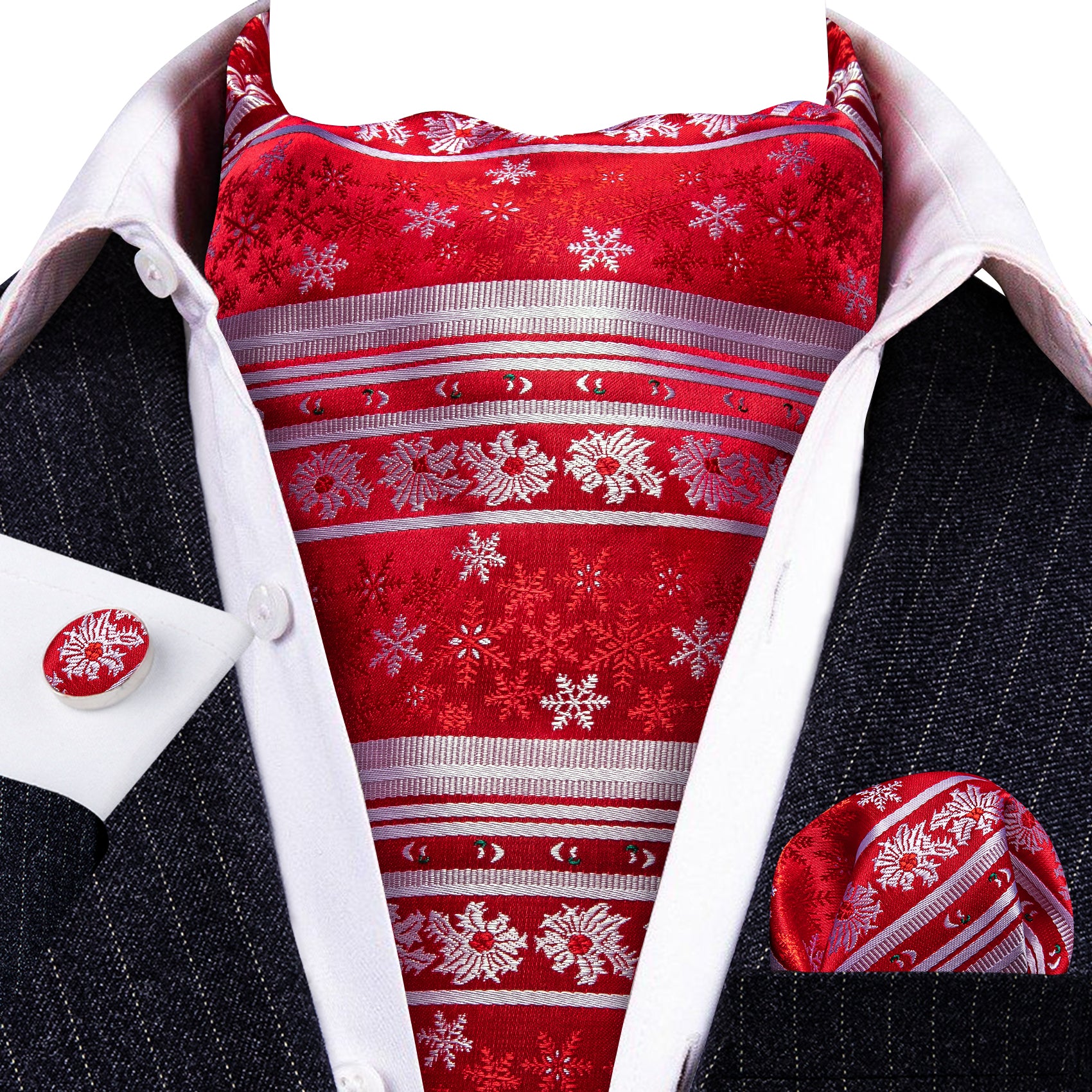 Christmas Red Silver Snowflake Silk Ascot Handkerchief Cufflinks