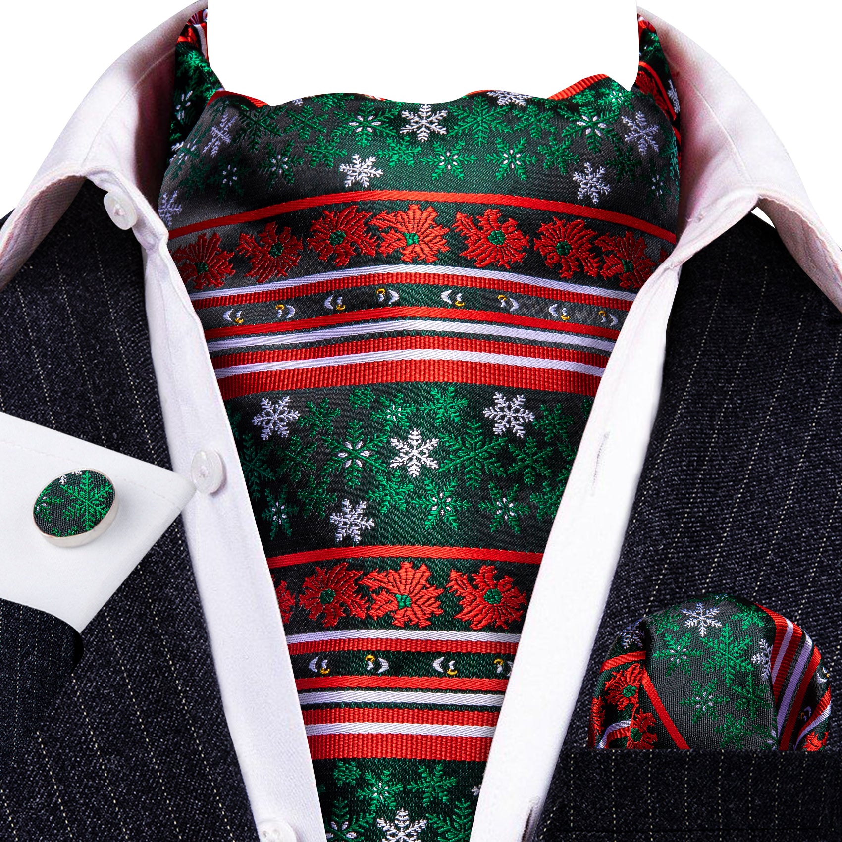 Christmas Green Red Snowflake Silk Ascot Handkerchief Cufflinks